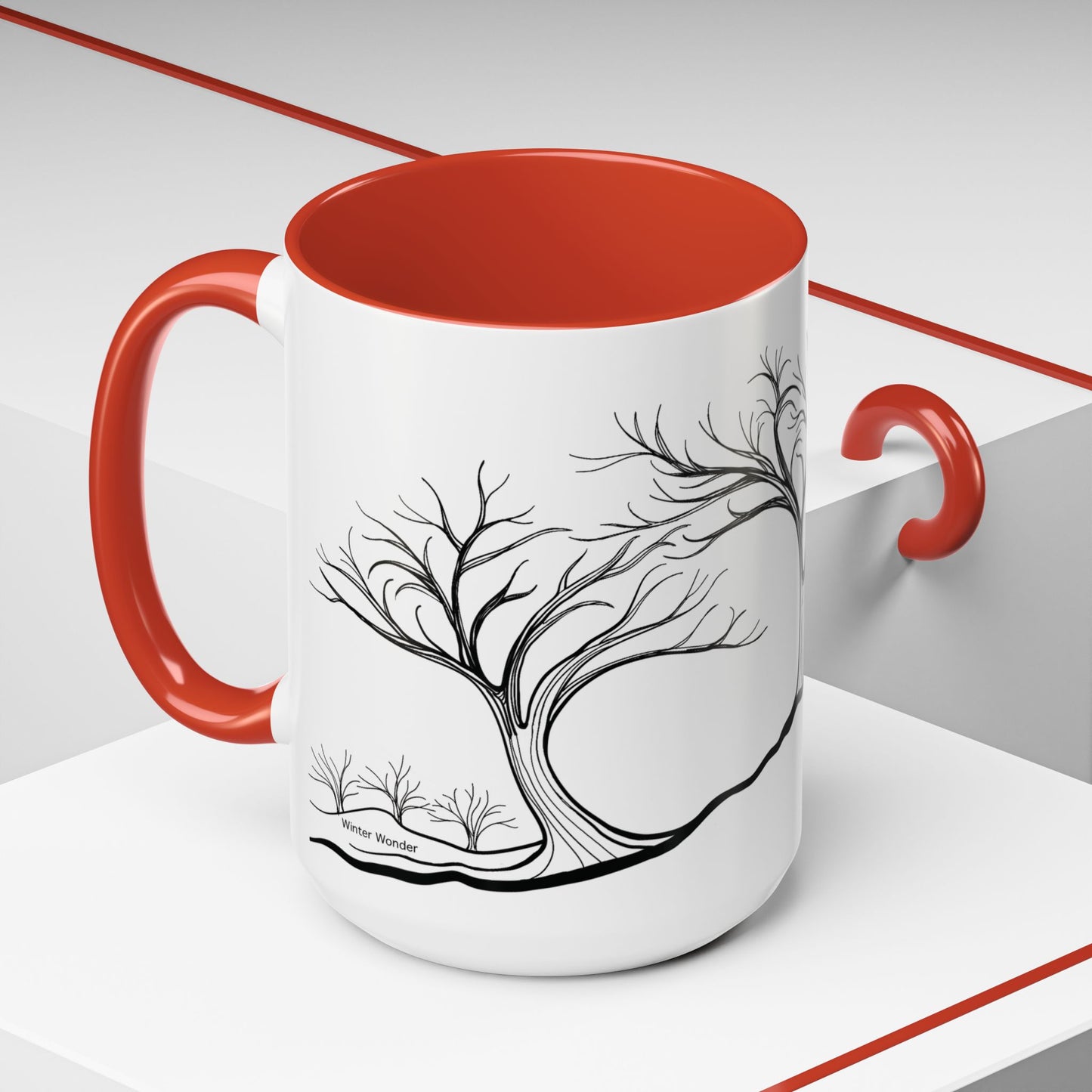 “Winter Wonder”, IMAGINE™ Series, Hand-Drawn Art Print, White Ceramic Accent Mug—4 of 4 Seasons Collection—15 oz or 11 oz