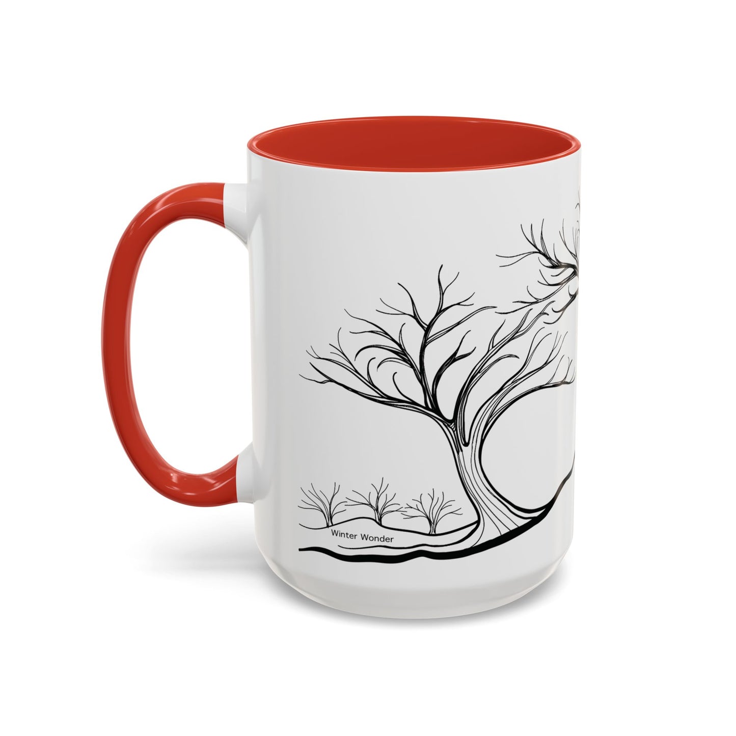 “Winter Wonder”, IMAGINE™ Series, Hand-Drawn Art Print, White Ceramic Accent Mug—4 of 4 Seasons Collection—15 oz or 11 oz
