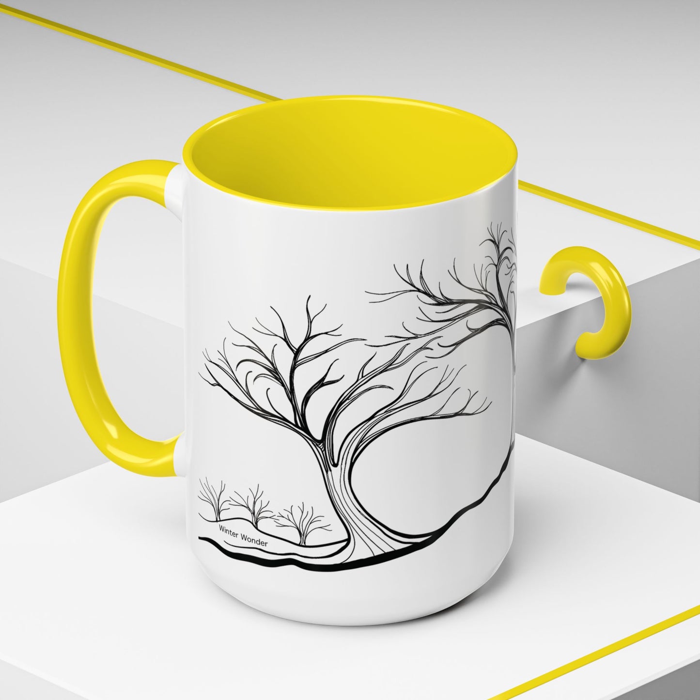 “Winter Wonder”, IMAGINE™ Series, Hand-Drawn Art Print, White Ceramic Accent Mug—4 of 4 Seasons Collection—15 oz or 11 oz
