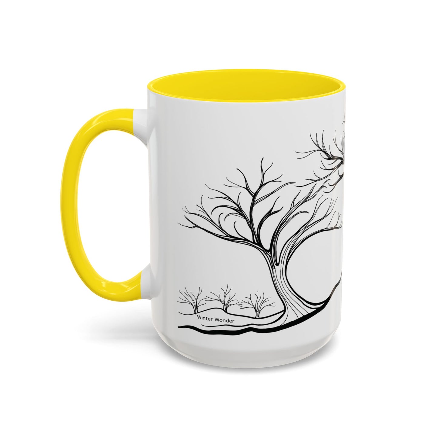 “Winter Wonder”, IMAGINE™ Series, Hand-Drawn Art Print, White Ceramic Accent Mug—4 of 4 Seasons Collection—15 oz or 11 oz