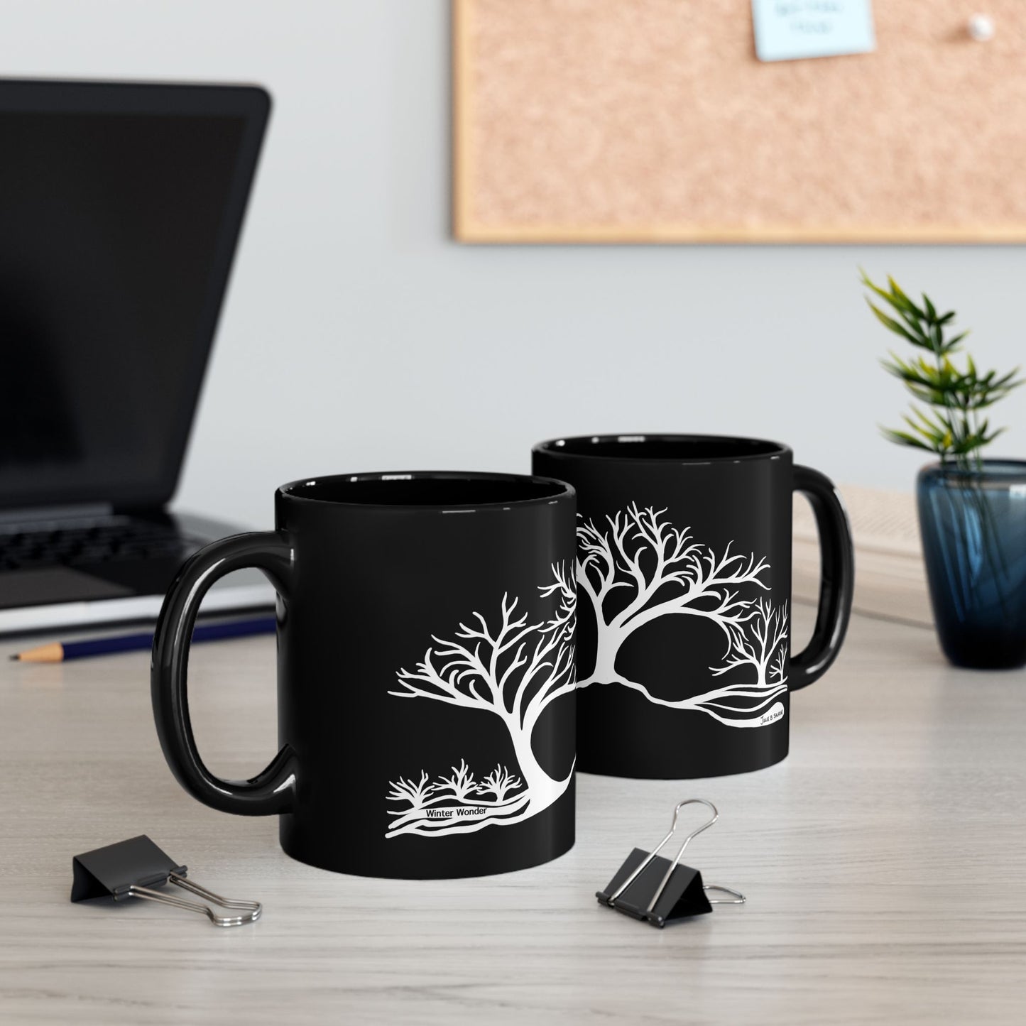 “Winter Wonder”, IMAGINE™ Series, Hand-Drawn Art Print, Black Ceramic Mug—4 of 4 Seasons Collection—15 oz or 11 oz