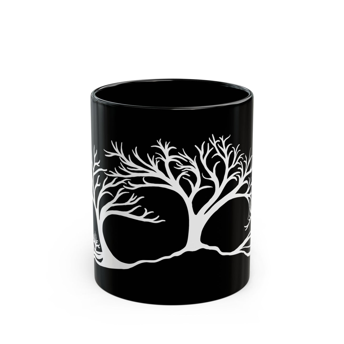 “Winter Wonder”, IMAGINE™ Series, Hand-Drawn Art Print, Black Ceramic Mug—4 of 4 Seasons Collection—15 oz or 11 oz