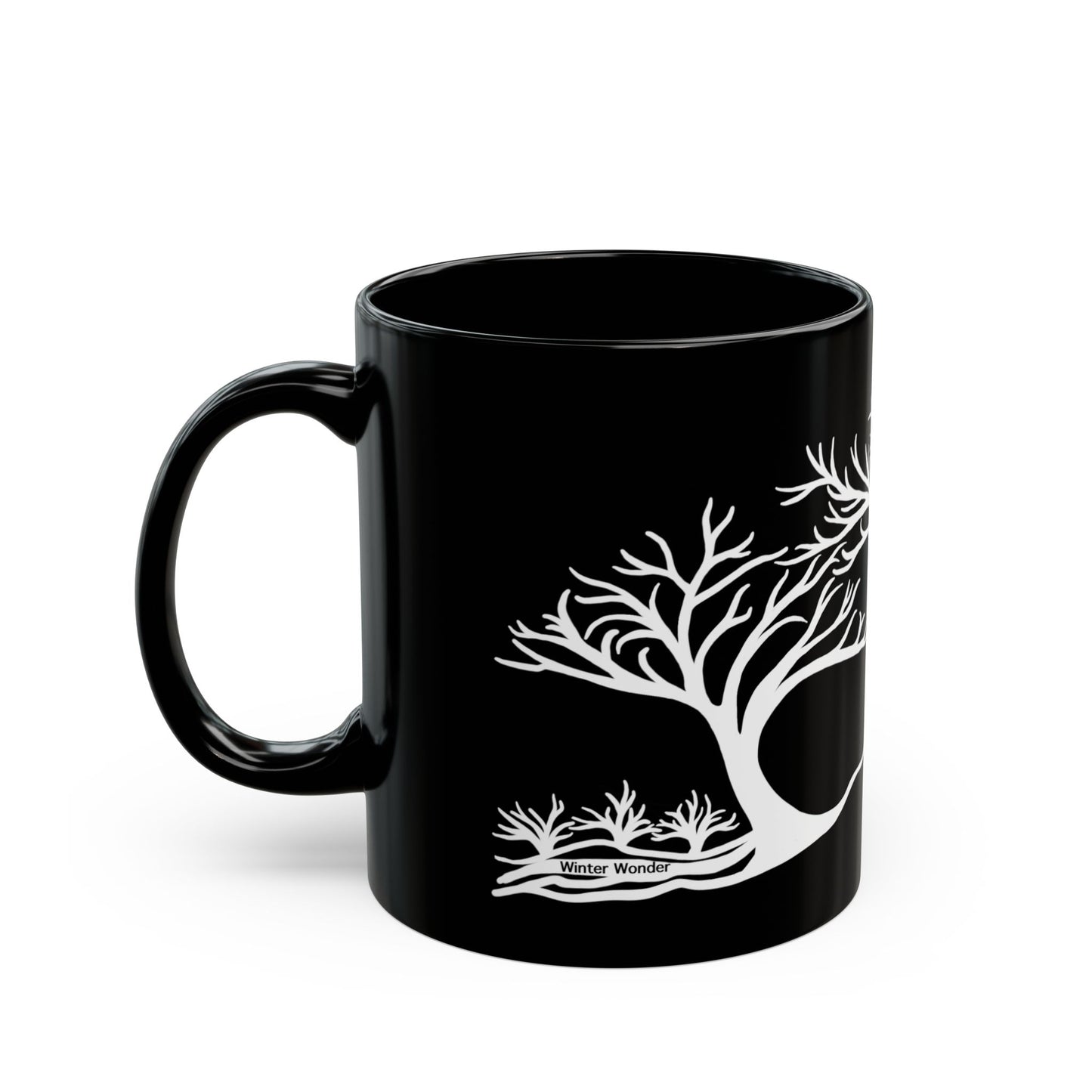“Winter Wonder”, IMAGINE™ Series, Hand-Drawn Art Print, Black Ceramic Mug—4 of 4 Seasons Collection—15 oz or 11 oz