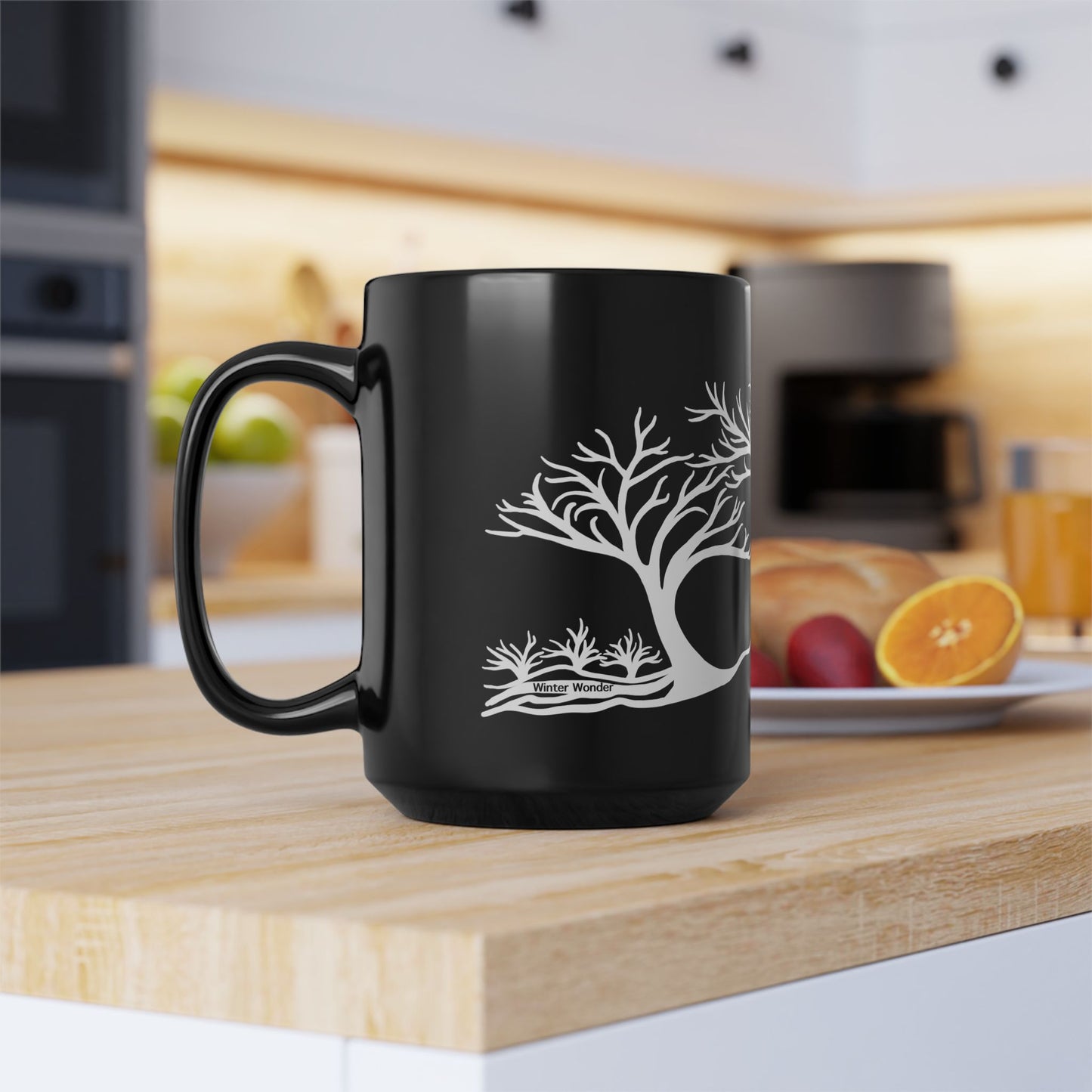 “Winter Wonder”, IMAGINE™ Series, Hand-Drawn Art Print, Black Ceramic Mug—4 of 4 Seasons Collection—15 oz or 11 oz