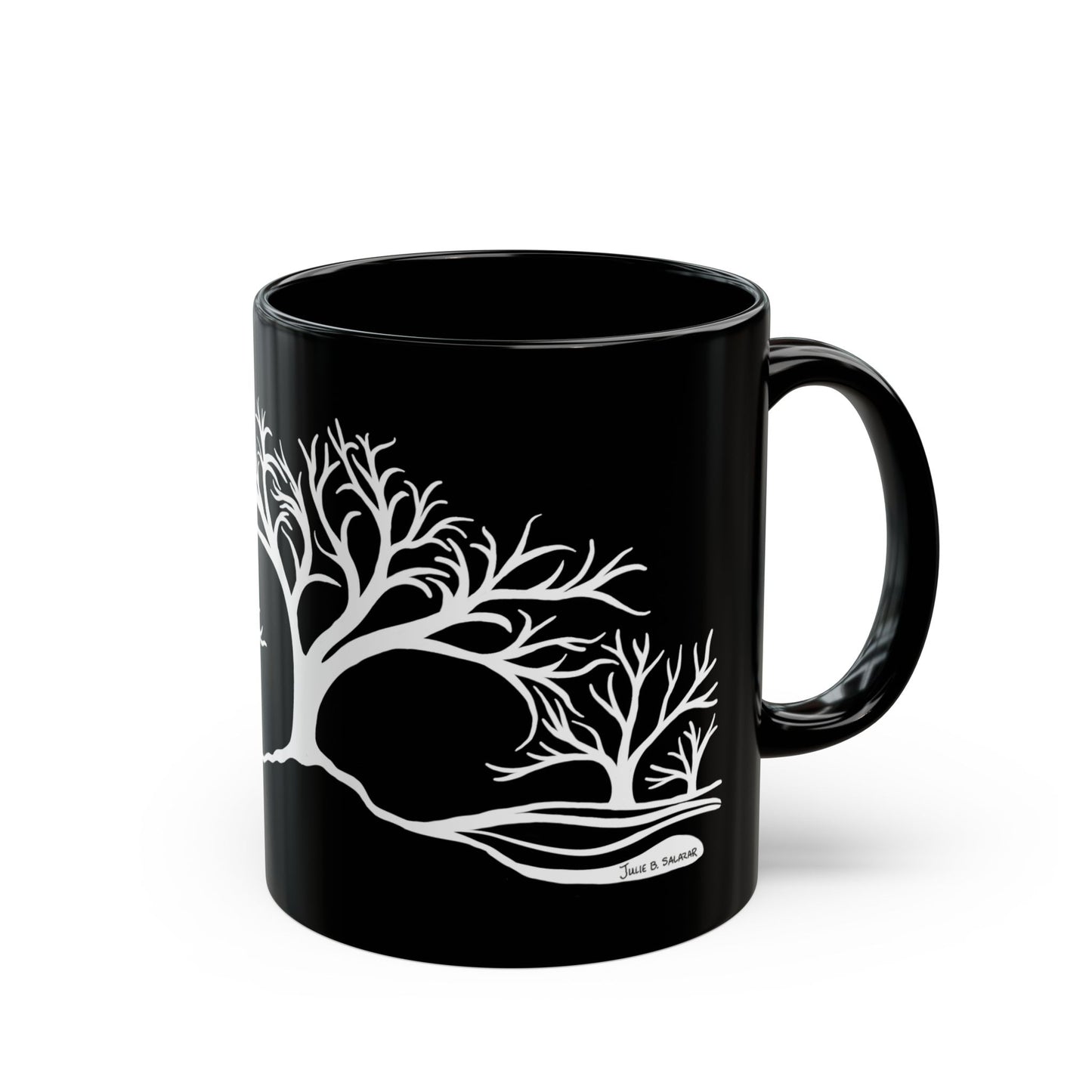 “Winter Wonder”, IMAGINE™ Series, Hand-Drawn Art Print, Black Ceramic Mug—4 of 4 Seasons Collection—15 oz or 11 oz