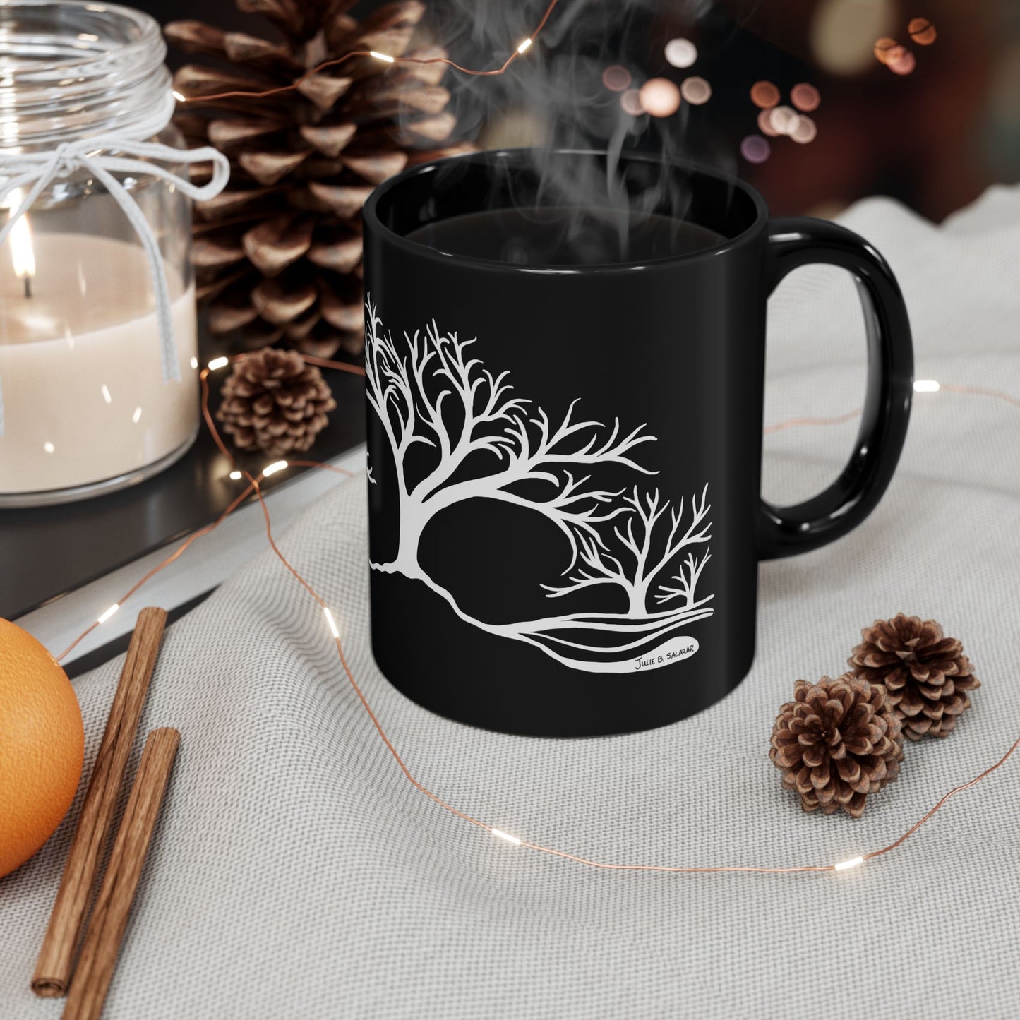 “Winter Wonder”, IMAGINE™ Series, Hand-Drawn Art Print, Black Ceramic Mug—4 of 4 Seasons Collection—15 oz or 11 oz