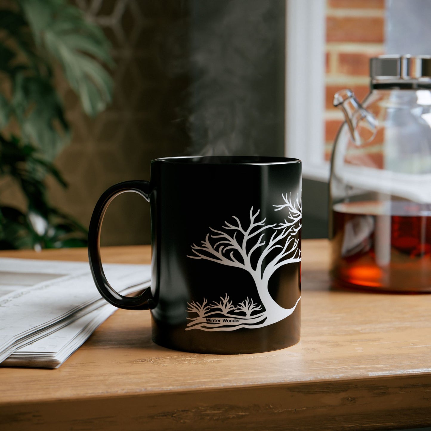 “Winter Wonder”, IMAGINE™ Series, Hand-Drawn Art Print, Black Ceramic Mug—4 of 4 Seasons Collection—15 oz or 11 oz