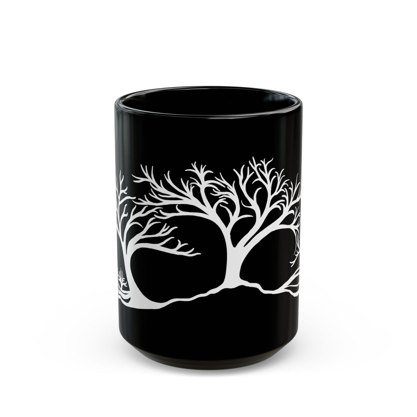 “Winter Wonder”, IMAGINE™ Series, Hand-Drawn Art Print, Black Ceramic Mug—4 of 4 Seasons Collection—15 oz or 11 oz