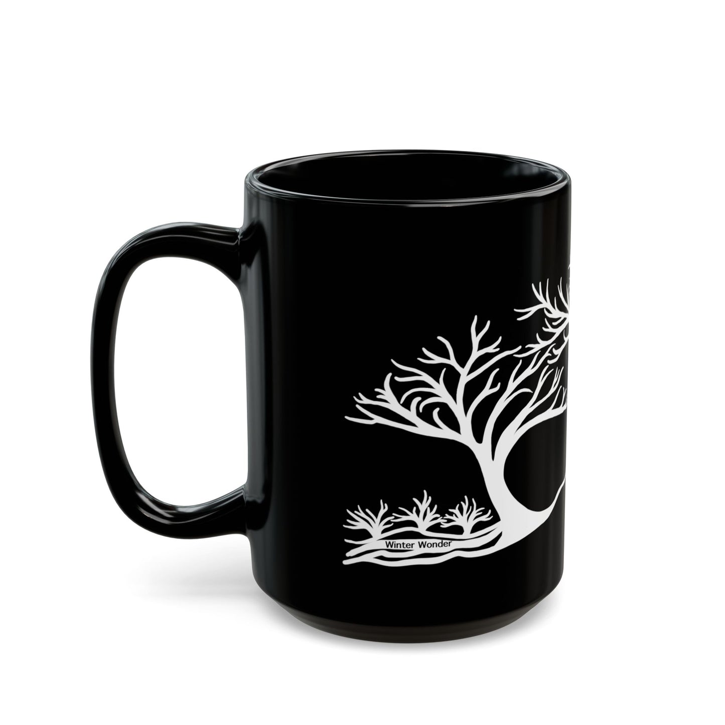 “Winter Wonder”, IMAGINE™ Series, Hand-Drawn Art Print, Black Ceramic Mug—4 of 4 Seasons Collection—15 oz or 11 oz