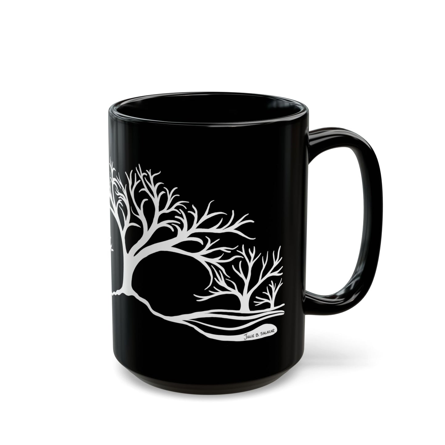 “Winter Wonder”, IMAGINE™ Series, Hand-Drawn Art Print, Black Ceramic Mug—4 of 4 Seasons Collection—15 oz or 11 oz